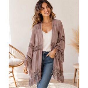 Dreamers XL Mauve Boho Fringe Kimono Cardigan Crochet Lagenlook Duster